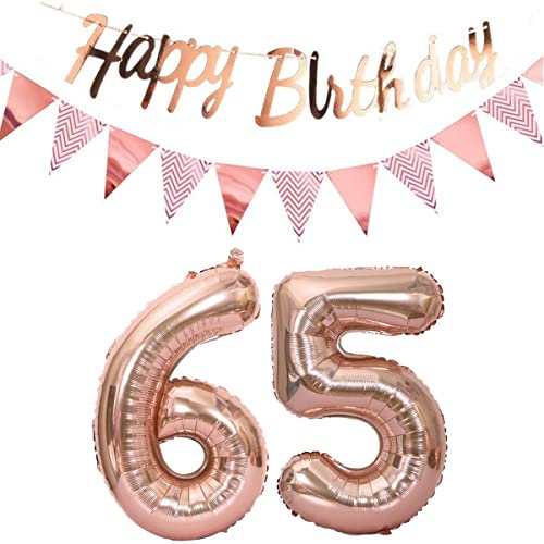 Luftballons 65.geburtstag deko frauen rosegold+Happy Birthday Girlande +Wimpelkette 40Zahlen Ballon 65 Luftballons 65 Jahre Geburtstag Dekoration frau Geburtstagdeko 65 Geburtstag deko rosegold(65)