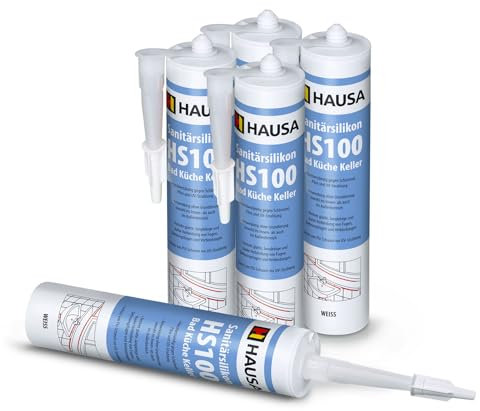 HAUSA Sanitär-Silikon HS100 weiß 5x 310ml hochelastische Fugendichtmasse für Bad Dusche Küche schimmelresistenter wasserdichter Acetat Silikon-Dichtstoff in Kartusche zum Abdichten Verfugen