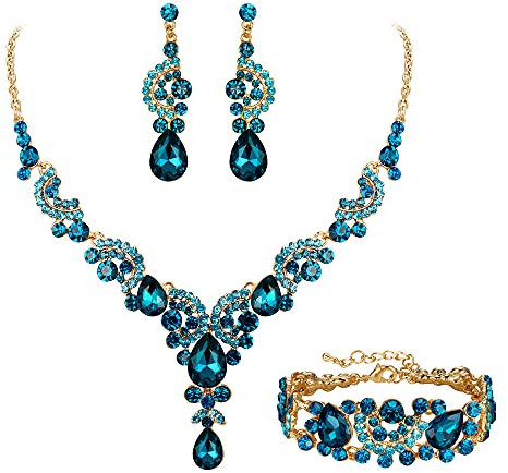 EVER FAITH Kristall Schmuckset Hochzeits Braut Art Deco Floral Teardrop Halskette Ohrringe und Armband Set Himmelblau Gold-Ton