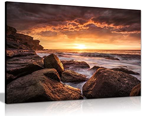 Seascape Sunrise Framed Canvas Wall Art, 61x41cm Picture 24x16in | Ready to Hang, Pictures for Living Room Bedroom Bathroom, Coastal Beach Decor, Prints for Walls, Pine Frame, 24x16
