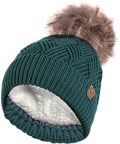 RockJock Damen Warm Chunky Diamond Cable Strickmütze mit Thermo Teddy Fleece Futter und abnehmbarem Kunstpelz Pompom