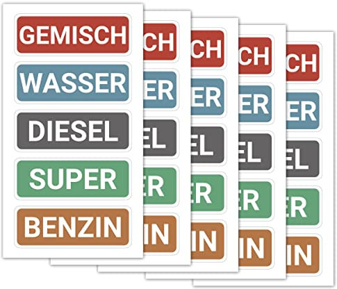 Kraftstoff Aufkleber Super, Benzin, Diesel, Gemisch, Wasser – Tankaufkleber für Auto & Motorrad, Hinweis Kennzeichnung für Kanister, Tankdeckel, Benzinkanister – wetterfest, langlebig (25er Mix)