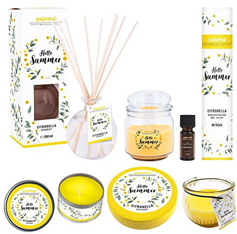 pajoma® Citronella Summer Essential Set | 7-teiliges Duft- & Kerzen-Set mit Citronella | Geschenkbox mit Kerzen, Raumduft, Öl & Räucherstäbchen | Sommerduft für drinnen & draußen