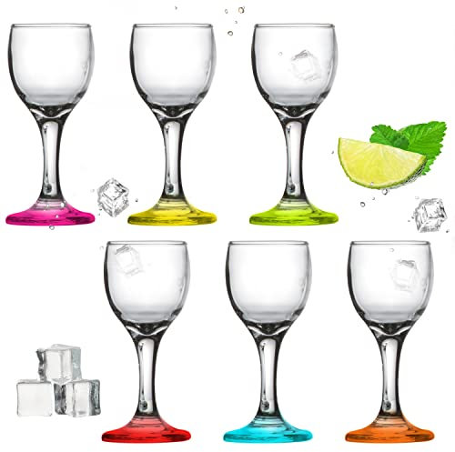 PLATINUX Schnapsgläser mit Stiel bunt aus Glas 4cl Set 6Teilig Likörgläser Wodkagläser Grappagläser Schnapskelche farbig