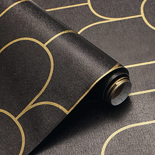 CiCiwind Selbstklebende Tapete Geometrische Muster Tapete 44×1000cm Schwarz Gold Tapete Abnehmbare Tapete Wasserdicht Klebefolie Wohnzimmer Schlafzimmer Dekorative Vinyl Wandverkleidung
