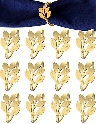 Hoyromany Serviettenringe Gold 12 Stück, Blätter Serviettenringe Gold Set Serviettenhalter für Geburtstag Weihnachten Hochzeitsfeier Jahrestag Tischdekoration