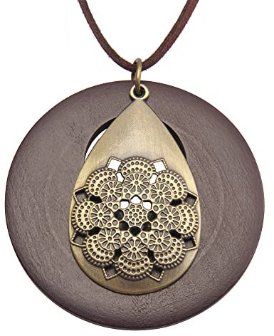 GelConnie Leather Cord Necklace Chain Multilayer Wooden Pendant Necklaces Vintage Jewelry Boho Long Sweater Necklace for Women Men, fabric lac Wood Leather lac leather fabric wood Faux Leather, No
