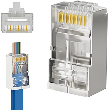 iwillink 50-Pack Shielded RJ45 Cat6 Pass Through Connectors, Ethernet Cable Crimp Connectors STP Network 8P8C Gold Plated Modular Plug for Solid Wire and Standard Cable