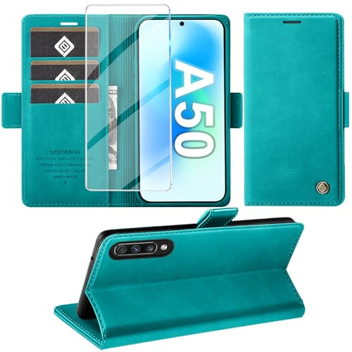Giyer Handyhülle für Samsung Galaxy A50 Hülle mit Schutzfolie, Standfunktion Kartenfach Wallet Premium Leder Schutzhülle A50/A30S Flip Case Cover Stoßfeste Klapphülle A50/A30S 6,4 Zoll Cyan