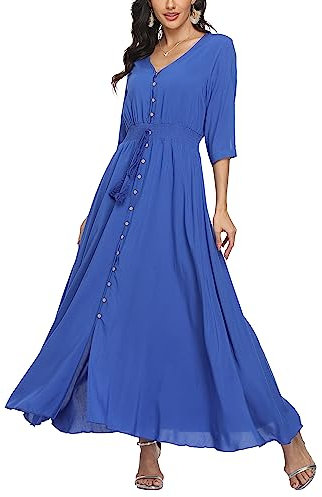 Damen Sommerkleid A Line V-Ausschnitt Standkleid Boho Blumenkleid 3/4 Ärmel Hohe Taille Partykleid Lange Freizeitkleid Blau M