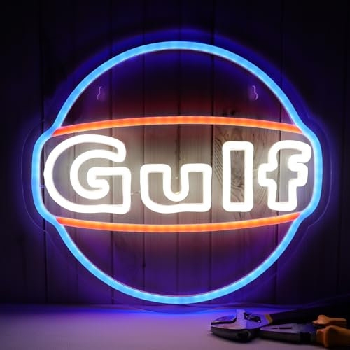 WonderfulLife Gulf Neon Sign for Garage Decor,Led Signs for Bar Man Cave Wall Decor,Gasoline Station Display Lighting,Easy Hanging.