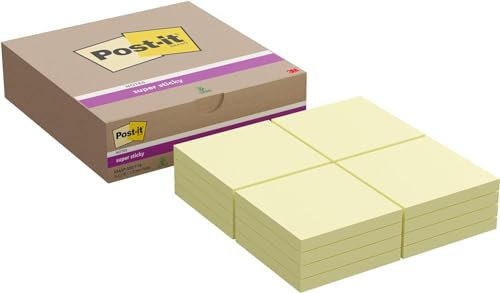 Post-it Super Sticky Notes, Canary Yellow, Pack of 16 Pads, 90 Sheets per Pad, 76 mm x 76 mm - Extra Sticky Notes for Walls, Monitors and Fridge