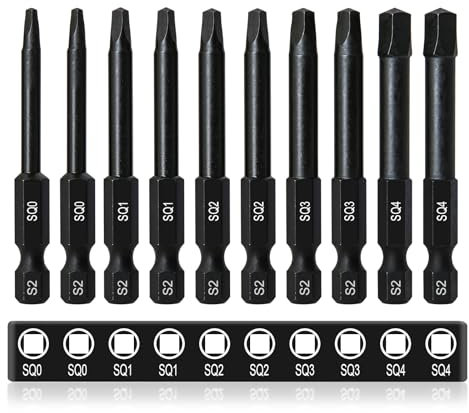 CYLBAQ Square Screwdriver Bits, 10PCS 60mm Square Head Impact Bits Premium S2 Steel 1/4” Hex Shank Magnetic Security Electric Square Head Drive, Square Drill Bit SQ0 SQ1 SQ2 SQ3 SQ4
