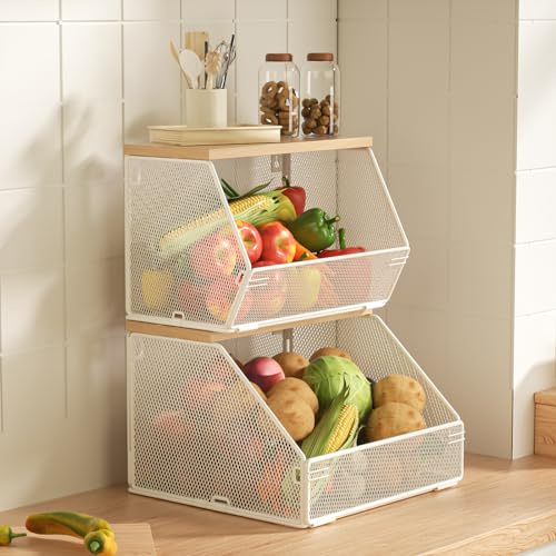 Obstkorb für die Küche, Drahtkörbe mit Holzdeckel, wandmontierter Produktkorb für Obst und Gemüse, stapelbare Arbeitsplatte, Zwiebel- und Kartoffelaufbewahrung, 18 cm B und 28 cm B