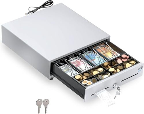 POS VALLEY Mini-Registrierkassenschublade, klein, automatische RJ11-Öffnung und Schlüssel, Bargeldeinlage für 4 Banknoten und 8 Münzen (Euro), 33 x 33 cm (weiß)