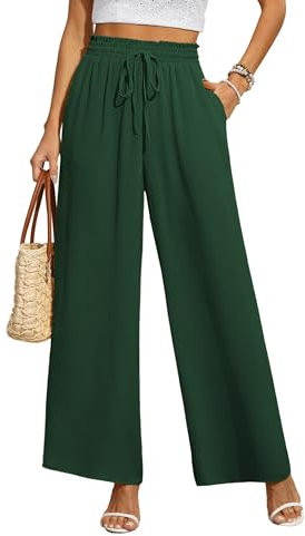 BEIGAI Wide Leg Trousers for Women Lounge Comfy Elastic High Waisted Drawstring Pants Ladies Summer Trousers with Pockets,Dark Green,M