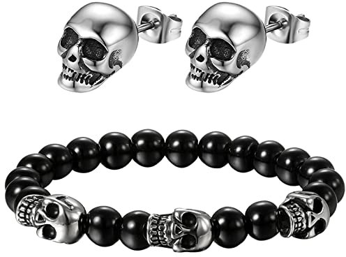 NMQLX Totenkopf Herrenohrring Armband Set:Silberne und schwarze Totenkopf-Edelstahlohrringe für Herren Totenkopf Perlen Armband
