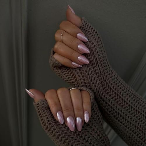 JUSTOTRY 24 Pcs Chrome Pink Almond Short False Nails,Solid Press on Nails Pattern,Glossy Fake Nails Short,Mirror Oval French Medium Stick on Nail for Women and Teens Nail Art