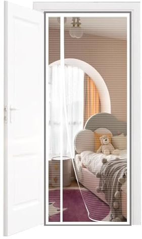 Moustiquaire Porte Magnétique 90x215cm, Rideau Moustiquaire Porte Fenetre Ouverture Latérale en Fibre de Verre Gris Anti-Moustiques pour Balcon, Fermeture Automatique Moustiquaire Aimantée Blanc