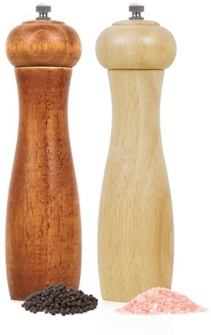 Wellong Molinillo de Sal y Pimienta de Madera, Molinillo de Sal de 8 Pulgadas con Grueso Ajustable, Molinillo de Pimienta Manual de Madera de Roble Recargable - Paquete de 2