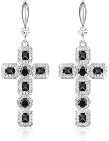 Linawe Ohrhänger Silber Kreuz Ohrringe Hängend, Ohrringe Schwarz Damen, Moissanite Modeschmuck Kreuz Anhänger Hängende Ohrringe Set, Tropfen Ohrringe Kristall Geburtsstein Ohringe