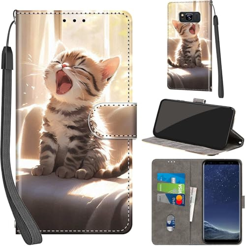 Handyhülle für Samsung Galaxy S8 Klapphülle Leder Wallet Katze | 3 Kartenfächer & 1 Geldfach, Magnetverschluss, Ständerfunktion, robuste premium PU leder klapphülle für Samsung S8