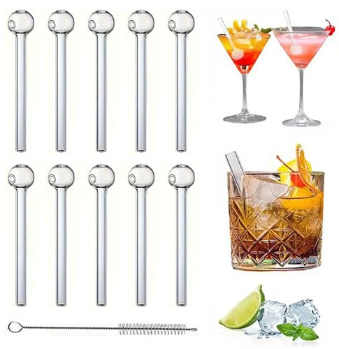 CHENNAN 10 Piezas Pajitas de vidrio con extremo en forma de bola, Pajitas reutilizables transparentes, Pajitas de vidrio reutilizables con 2 cepillos de limpieza, para cócteles, bebidas y más (8mm)