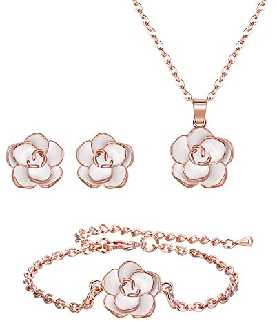 EleQueen Rose Blume Halskette Ohrringe Armband Set, Elegantes edles Schmuck-Sets, Geschenke für Frauen, Weiß Roségold-Ton