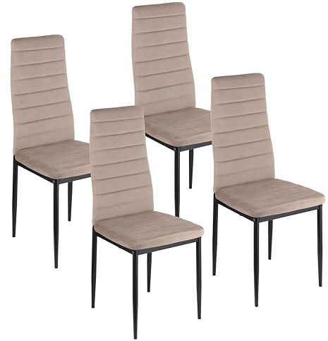 Baroni Home Set de 4 Sillas de Comedor con Respaldo Alto y Asiento Ergonómico con Costuras Decorativas, Sillas Elegantes Acolchadas en Terciopelo con Estructura de Acero, 42x43x98 cm, Terciopelo Beige