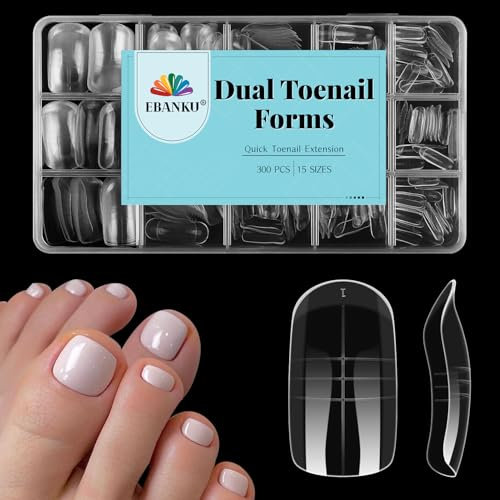 EBANKU 300Pcs Poly Gel Toenail Forms, Long Square Dual Forms for Pedicures, Reusable Full Cover Molds for Polygel/Acrylic Toe Extensions, French Tips & Salon-Quality DIY, 15 Sizes
