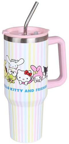 sarcia.eu Hello Kitty and Friends Taza TÉRMICA con pajita boquilla metálica, acero inoxidable, taza para coche GRANDE 1,18l