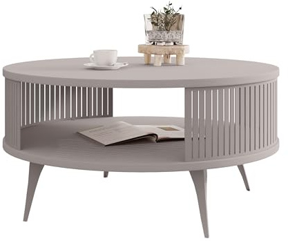 Mirjan24 Couchtisch Rajkon, runde Form (Cashmere) | Moderner Wohnzimmertisch mit praktischer Ablage, stabilem Stahlgestell und pflegeleichter Oberfläche