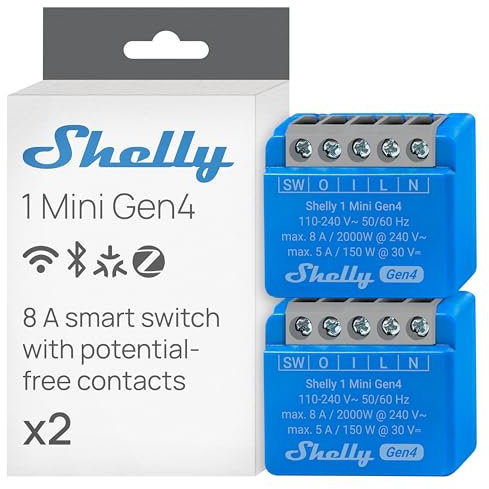 Shelly 1 Mini Gen4 - Interruttore Relè Intelligente Wi-Fi, 1 Canale, 8A, Contatti Puliti, Domotica, Controllo Porta Garage, Nessun Hub Richiesto, Matter, Alexa, Google, HomeKit, Zigbee (2 Pezzi)