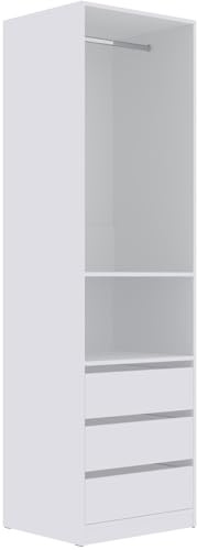 Marmex offener Kleiderschrank TRES 04B, Garderobenschrank ohne Türen, Schrank mit DREI Schubladen und Kleiderstange, für Schlafzimmer, Ankleideräume, weiß (60x206x51 cm)