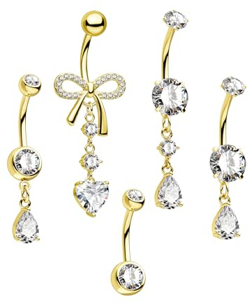 CM Crareesi Mania Gold Silber Bauchnabelpiercing 5Stück Chirurgenstahl Bauchnabelpiercing Klares CZ 10mm Nabelpiercing 5Stück 14G Bauchnabel Piercing für Frauen
