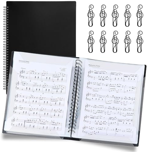 VGECEE A4 Notenmappem 20 Taschen/40 Seiten Notenordner Notenmappe Schwarz | Music Sheet Chormappe Music Folder a4 Präsentationsmappe mit 10 Noten Büroklammern, für Dokumente, Papier, Kunstwerke