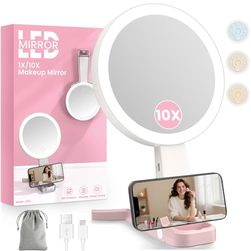 FZIFZI Espejo Tocador con Luz, 1X/10X de Doble Cara Espejo Maquillaje con Luz, espejo Aumento con 3 Modos de Iluminación, Espelho Luces Maquillaje con Aumento,Puerto USB,Sobremesa,Portátil para Viajes