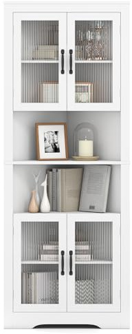 GOPLUS Armario de Esquina de 6 Niveles, Gabinete Alto Esquinero con 4 Puertas de Vidrio Templado, 2 Estantes Ajustables en 3 Niveles, Mueble de Baño de Suelo para Salón Cocina, Blanco