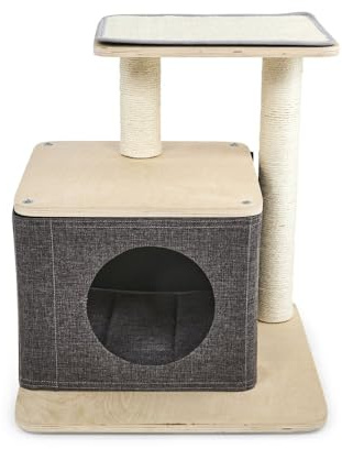 Petface Cat Hide Box with Scratch Platform, 48 x 48 x 54 cm (Pack of 1) | Stylish Cat Hideaway, Removable Cushion, Durable Scratch Posts, Multi-Level Activity Centre, Easy Assembly & Foldable Design