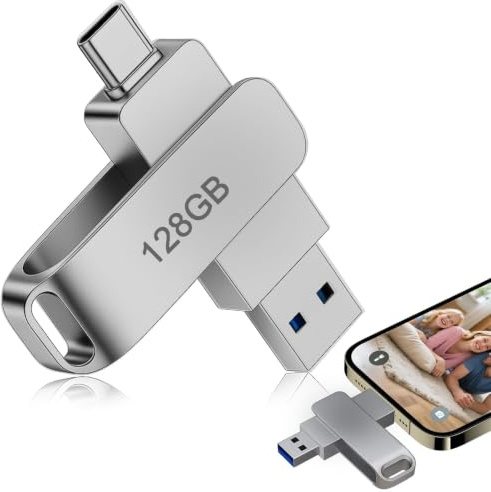 Chiavetta USB 128GB Type-C + USB 3.0, Doppia Interfaccia, Compatibile con Smartphone, Tablet, PC e MacBook, Corpo in Metallo Rotante, Backup Foto e Video, OTG Plug & Play