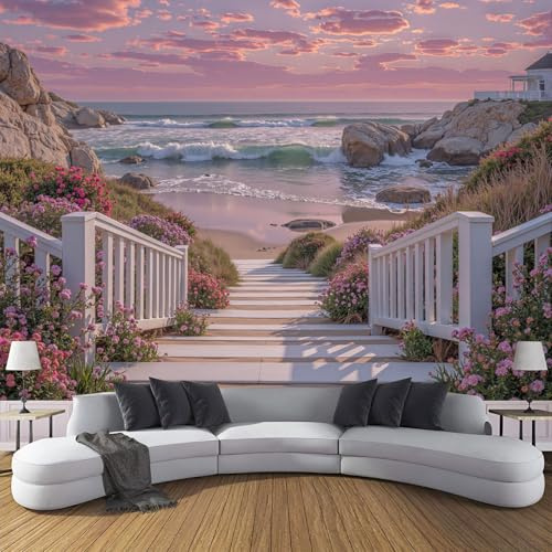Fototapete Treppe Die Zum Strand Führt 150x105cm, Rosa Sonnenuntergang An Der Küste Seide Tapeten Wohnzimmer TV Hintergrund Wandtapete Poster Bilder Wand Deko, Rosa