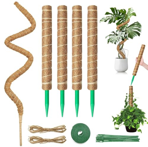 Tuteur Plante Tuteur Monstera,Ensemble de 4 Tuteurs à Mousse de 32 cm + 1 tuteur Flexible à Mousse de 100 cm,Fibre Support Fait Main pour Maison Jardin Intérieur avec Attaches Torsadées