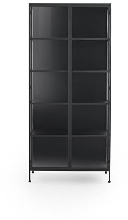 GEESEHOME Hohe Vitrine mit Türen und Seiten aus Glas, schwarze Metallstruktur