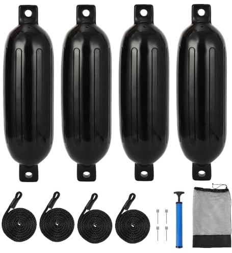 Garvee 4er Set Bootsfender Aufblasbar Mit Seilen, Luftpumpe & Tasche – Fender Für Boote 10–37 ft, Boot Puffer Anlegeschutz Für Yacht, Angelboot & Dock, Schwarz