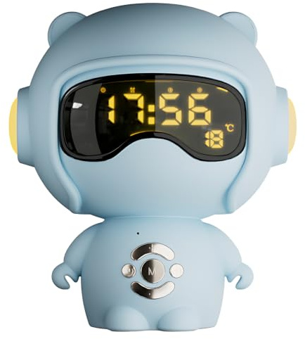 YHomU Roboter-Uhr-Lautsprecher, niedliches Little One Design, Wecker, TF-Karten-Wiedergabe, Nachtlicht, Temperaturanzeige, Sprachsteuerung, kabellos, 13,4 x 12,4 x 16,1 cm, Blau