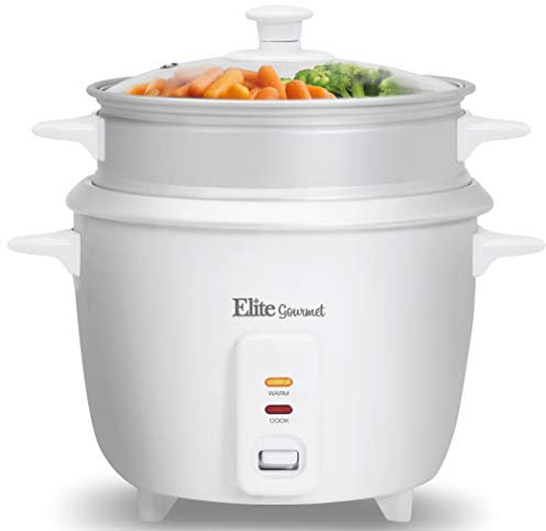 Elite Gourmet ERC-003ST Rice Cooker with Steamer Basket, Glass Lid, One-Touch Switch with Automatic Keep Warm Function, Makes Soups, Stews, Grains, Hot Cereals, 6 Cups Cooked (3 Cups Uncooked), White