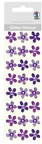 Ursus 75000005 - Glitter Sticker, Blüten, violett, 24 Stück, selbstklebend, einfach von der Folie abzuziehen, in verschiedenen Farbtönen, geeignet für Scrapbooking, Kartengestaltung und zur Dekoration