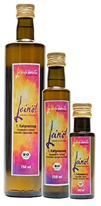 Bio Leinöl kaltgepresst PUR | DOPPEL-Pack 2x 750 ml | 100% frisch aus 1. Pressung in Deutschland I Reich an Omega-3-Fettsäuren | vegan, Rohkost, laktosefrei & glutenfrei, zuckerfrei