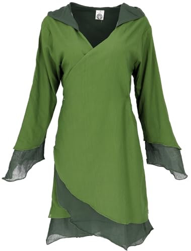 GURU SHOP Wickeltunika mit Zipfelkapuze, Tunika im Lagenlook - Lemon/dunkelgrün, Damen, Size:L