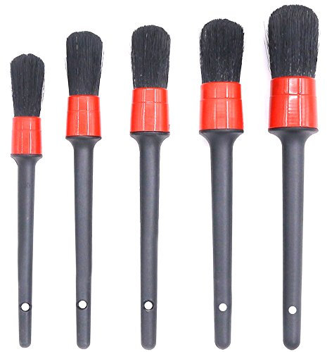 Swpeet 5 Pcs Premium Natural Boar Hair Detail Brush Set, Automotive Detailing Brushes for Cleaning Wheels/Engine/Interior/Emblems/Interior/Exterior/Air Vents